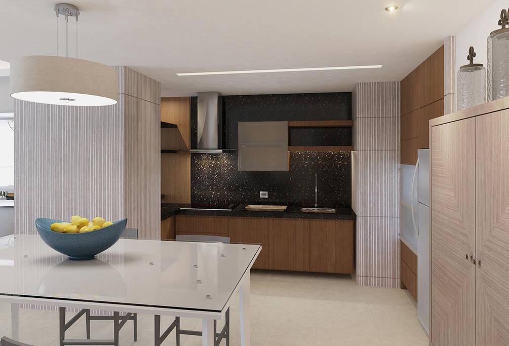 Kichen equiped with microwave, toaster, toaster oven, blender and espresso machine. Coffee provided at concierge station in morning.