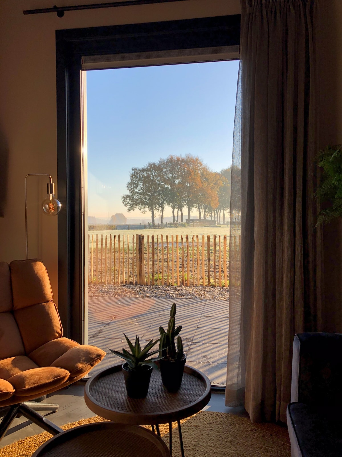 A large window reveals a serene view of a grassy landscape framed by a wooden fence. The scene includes several trees under a clear blue sky. Soft morning light filters through sheer curtains, casting gentle shadows on the room.