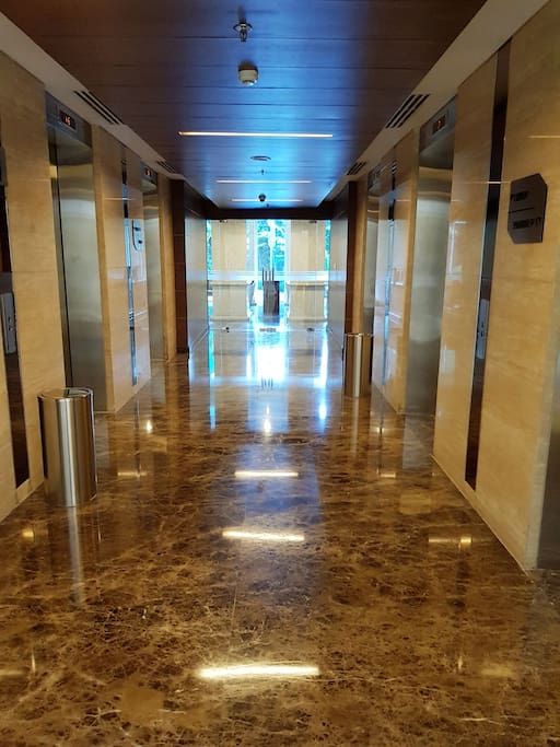 Six high speed elevators for low and high floors