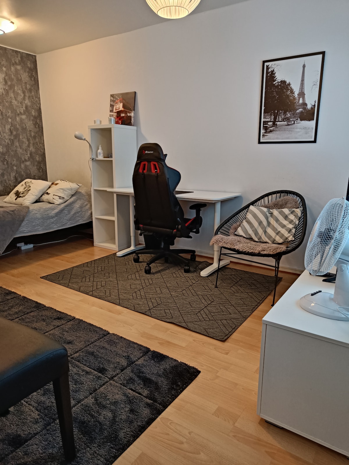A working area features a desk with a comfortable chair, positioned beside a tall bookshelf. A cozy bed with patterned bedding occupies one corner, while a decorative chair adds seating. Soft lighting is provided by a floor lamp, and a modern fan is visible on the floor.