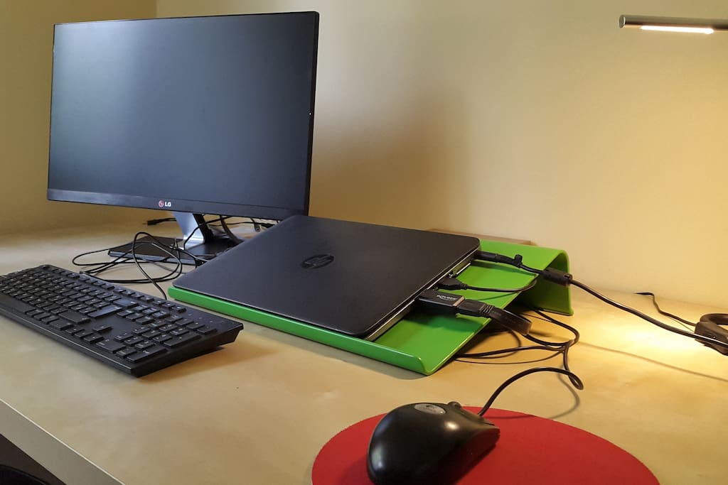 A desk with space for a laptop and a chair that’s comfortable to work in (laptop not included)
