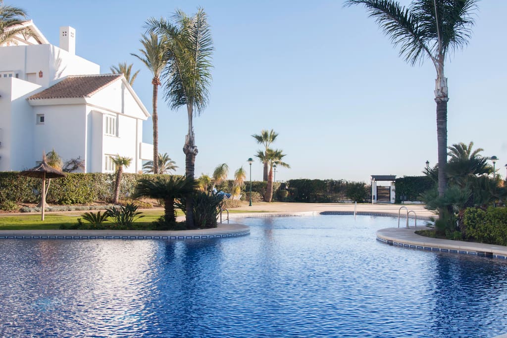 Main swimming pool with garden gate