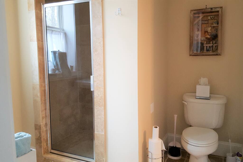 Bedroom 2 bathroom -
Travertine Shower and toilet