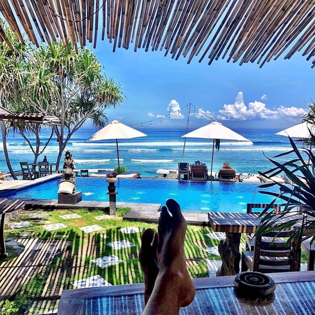 A serene view is presented from a private terrace, showcasing a sparkling outdoor pool bordered by lush greenery and lounge chairs. The ocean stretches beyond, framed by umbrellas that provide shade. A clear sky with scattered clouds enhances the coastal ambiance.