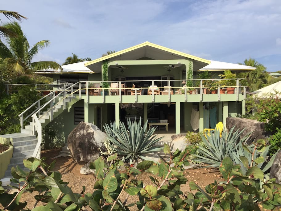 Our sunny and shady 1000 sq ft deck, and the third house back from the beach.