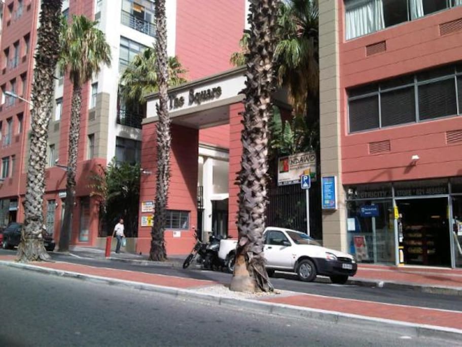 The front entrance to the apartment building