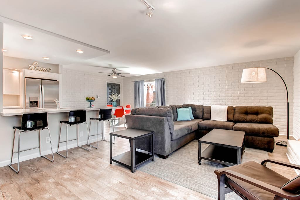 Open eating and living spaces.