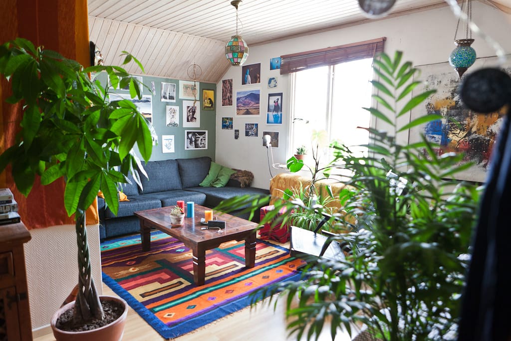 The living room with a comfortable sofa to relax in.