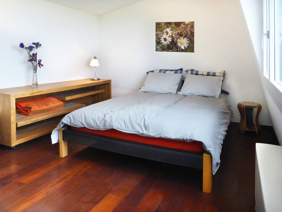 Master bedroom with window view on the Mt Pilatus