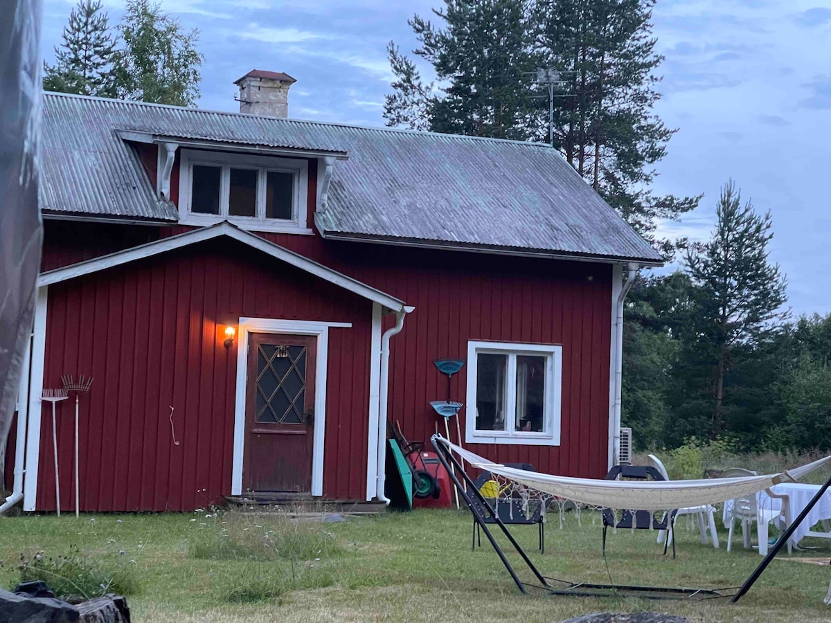 A traditional red cottage is highlighted, featuring a metal roof and white trim. A warm light glows at the entrance, and a hammock is positioned in the grassy front yard. Several white chairs and gardening tools are visible, surrounded by natural greenery.