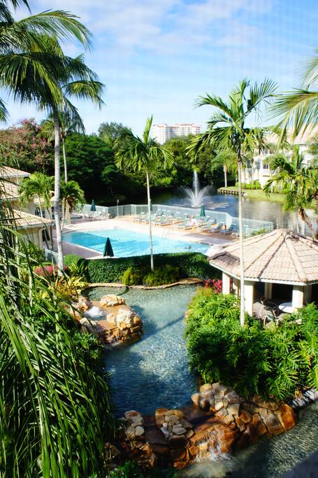 View of pool and grotto from master suite