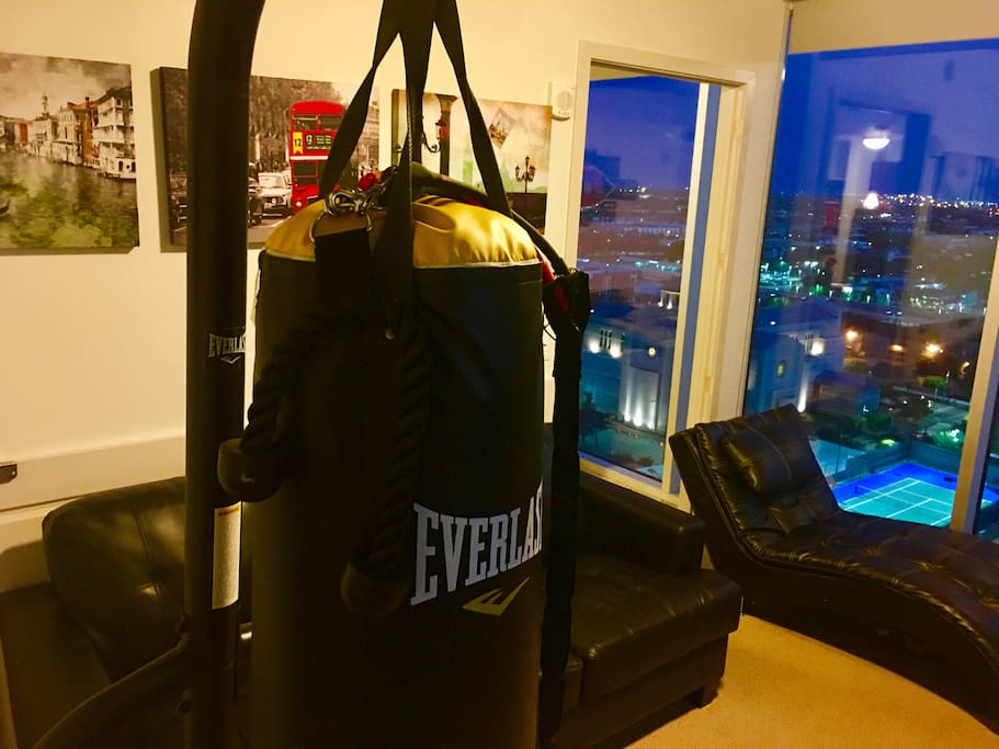 2nd Bedroom.
Queen Pull-Out Sofa and a Lounge Chaise. Punching bag. Accessible Smart TV with 2 different views of 2 different sides of Downtown Houston