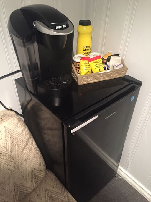 Your fridge & Keurig - complimentary coffee & tea