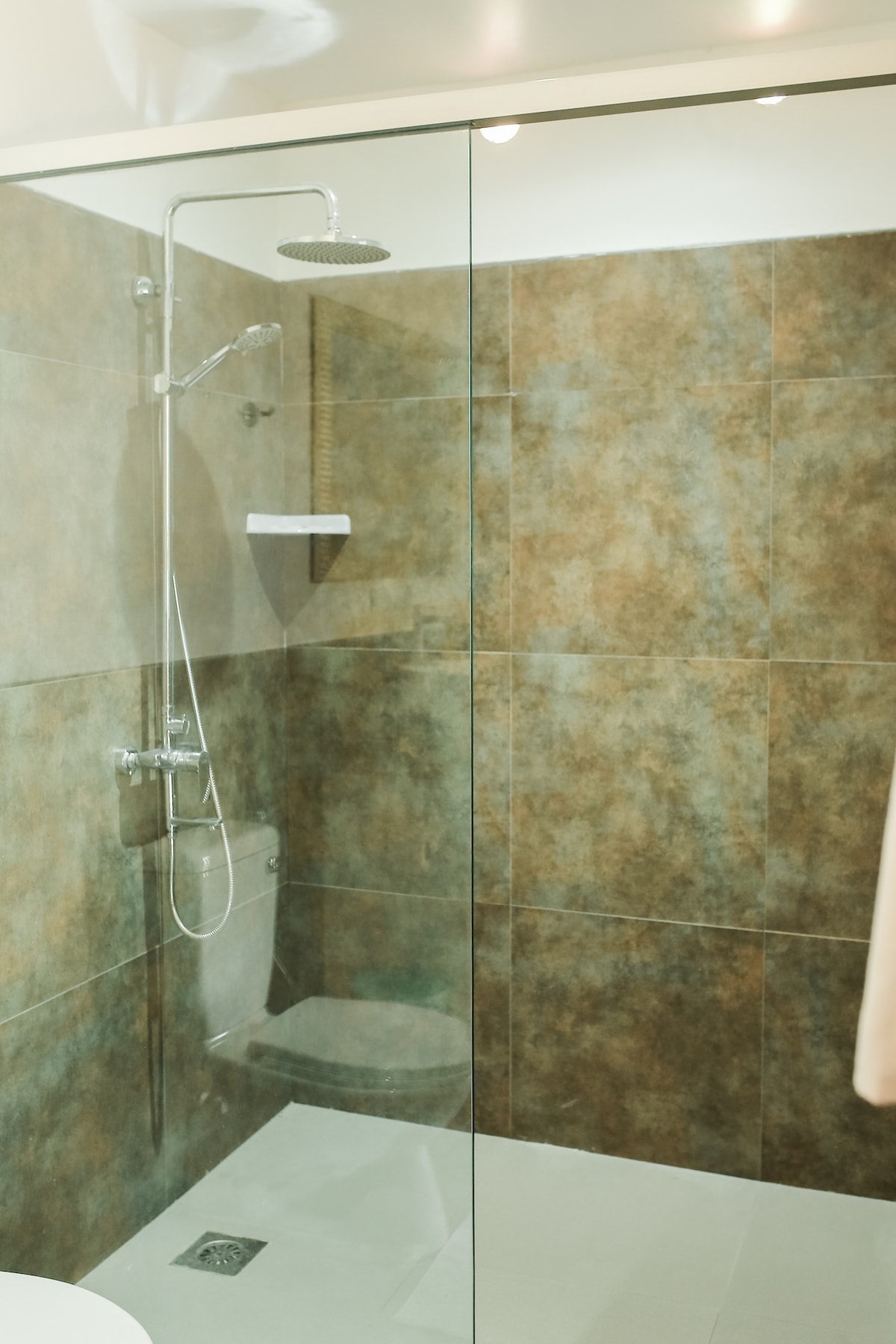 A modern bathroom features a walk-in shower enclosed with clear glass. The showerhead is mounted overhead, and a convenient shelf is positioned for toiletries. The walls are adorned with a textured brown tile, contributing to a clean and contemporary aesthetic.