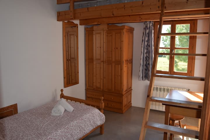 Twin room with a raised platform