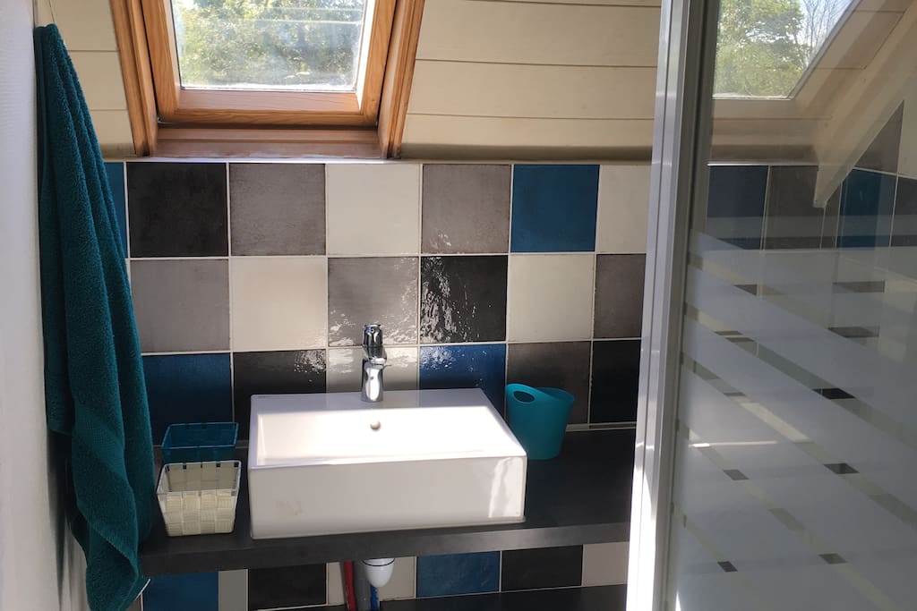 La salle de bain , avec douche, lavabo et sèche serviette