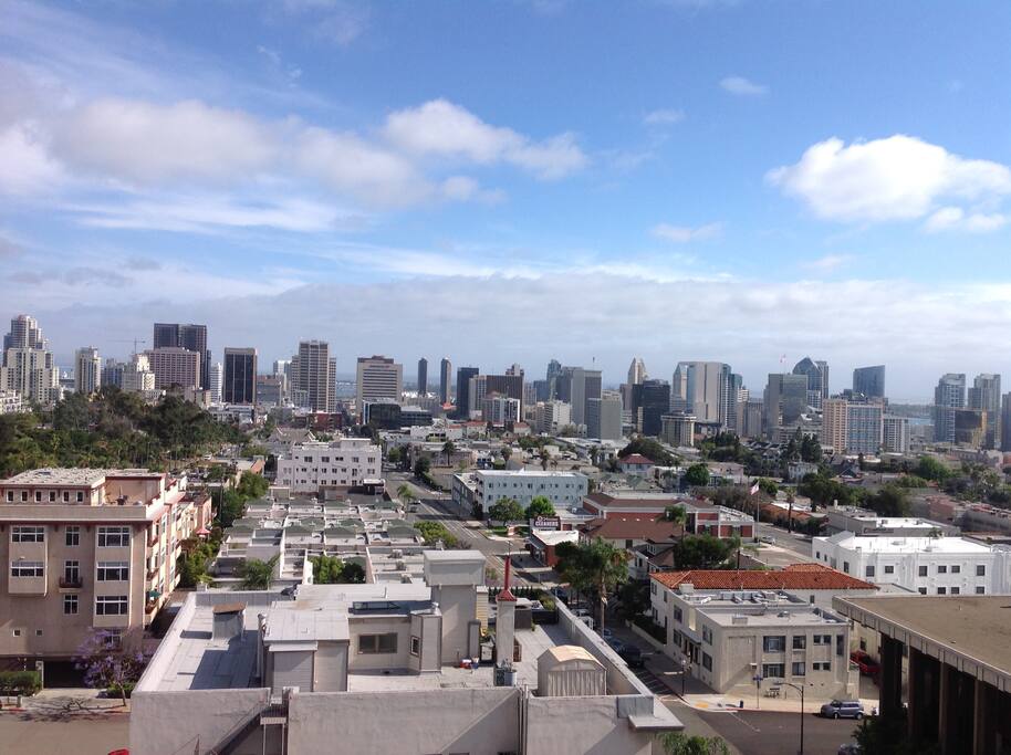 Downtown skyline view from balcony