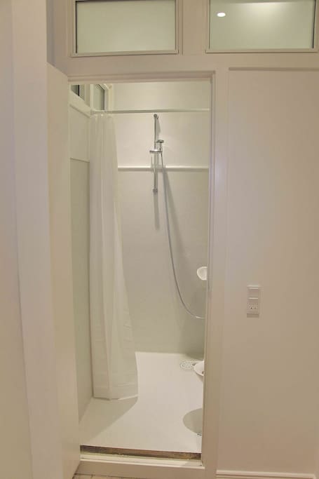 Bathroom with toilet and shower.