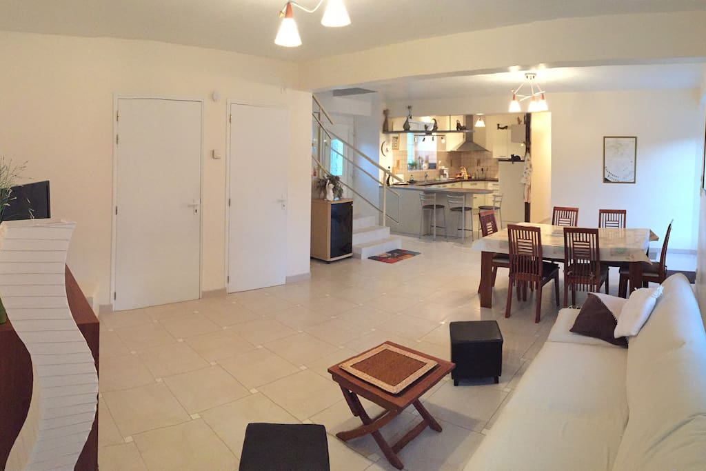 Living room, Dining room and open-plan kitchen