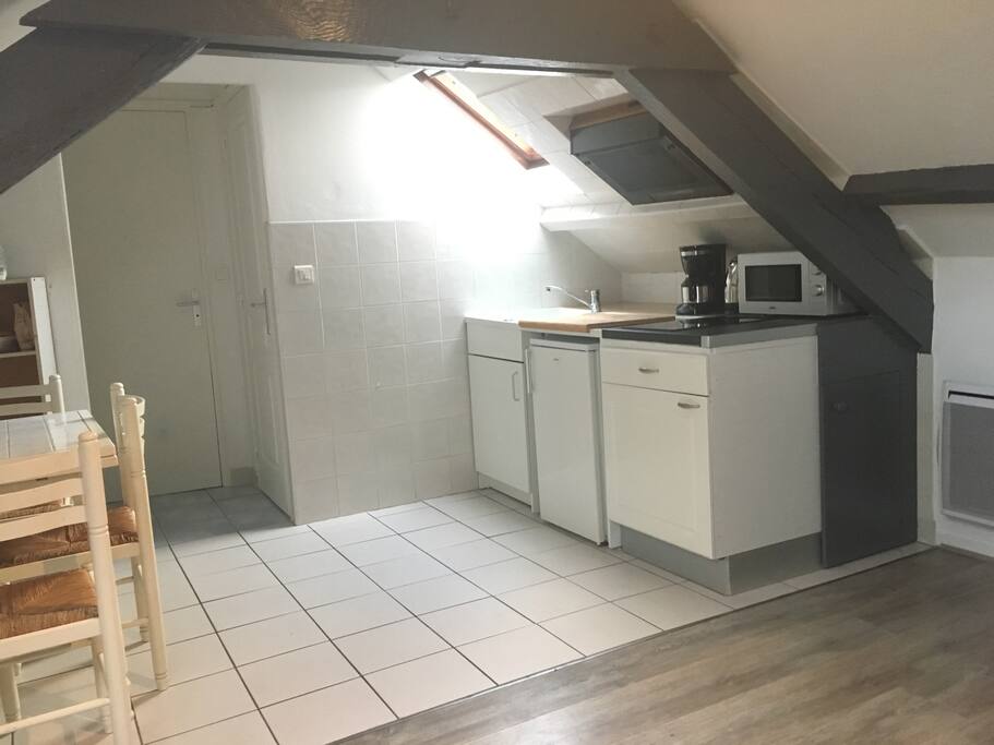 Cuisine équipée: frigo, plaque induction, micro-onde
