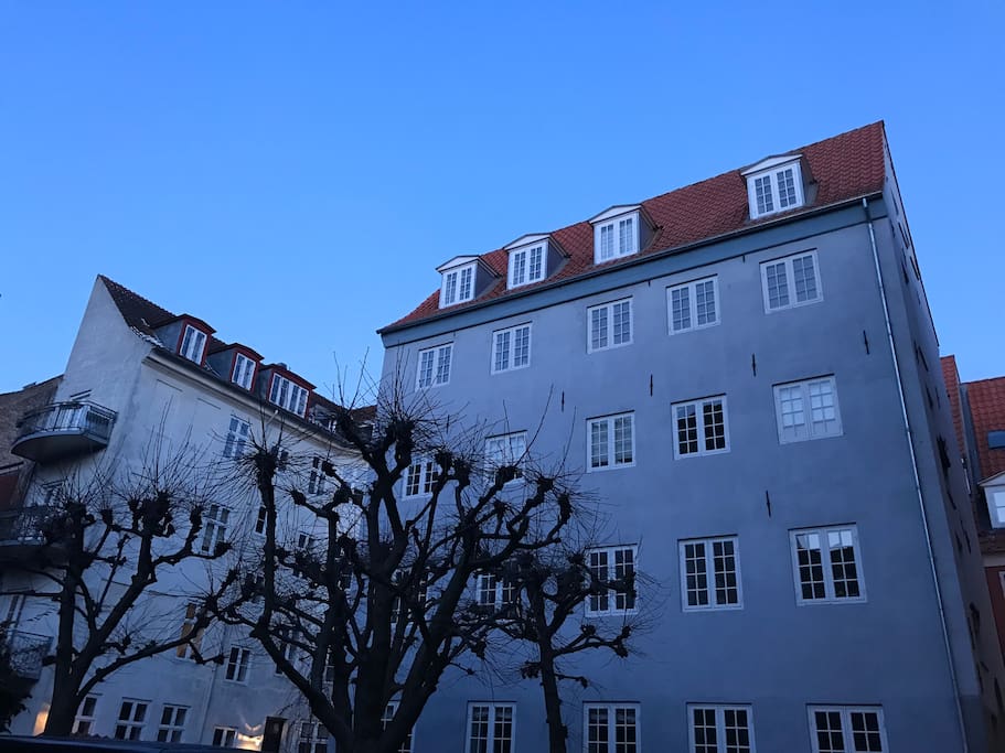 This lovely apartment is in the bottom floor of this blue Christianshavn house.