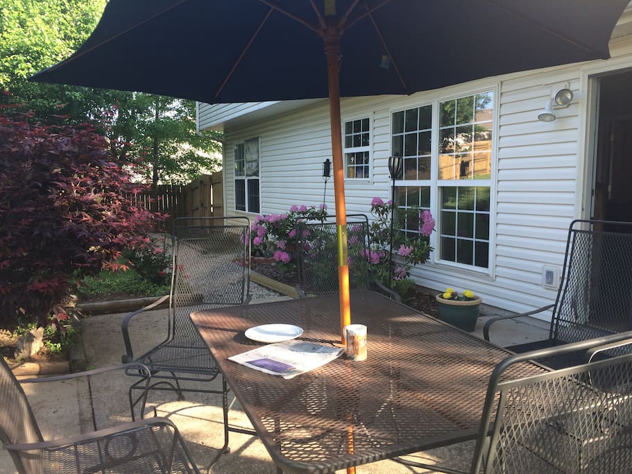 Patio area suitable for eating outside.