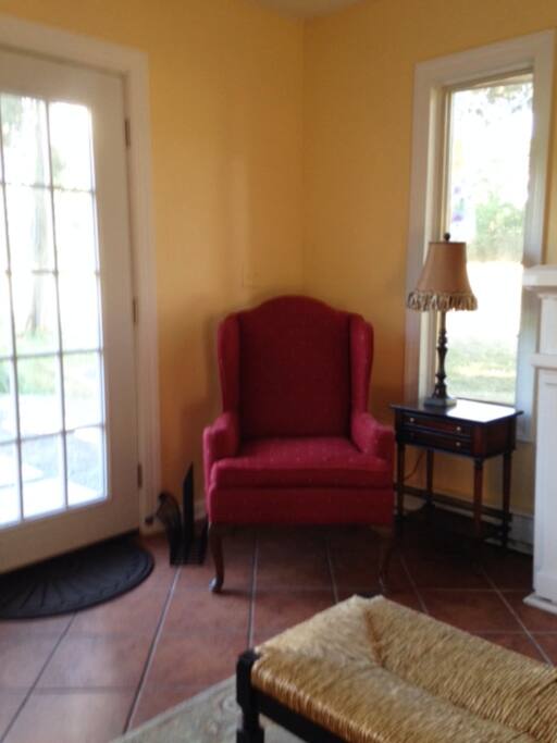 Living area looking towards patio french doors