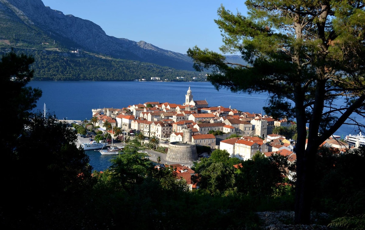 A panoramic view of Korčula showcases the charming old town nestled by the sea, surrounded by lush greenery. Historical architecture with a distinctive bell tower is visible, complemented by small boats in the harbor and majestic mountains in the background.