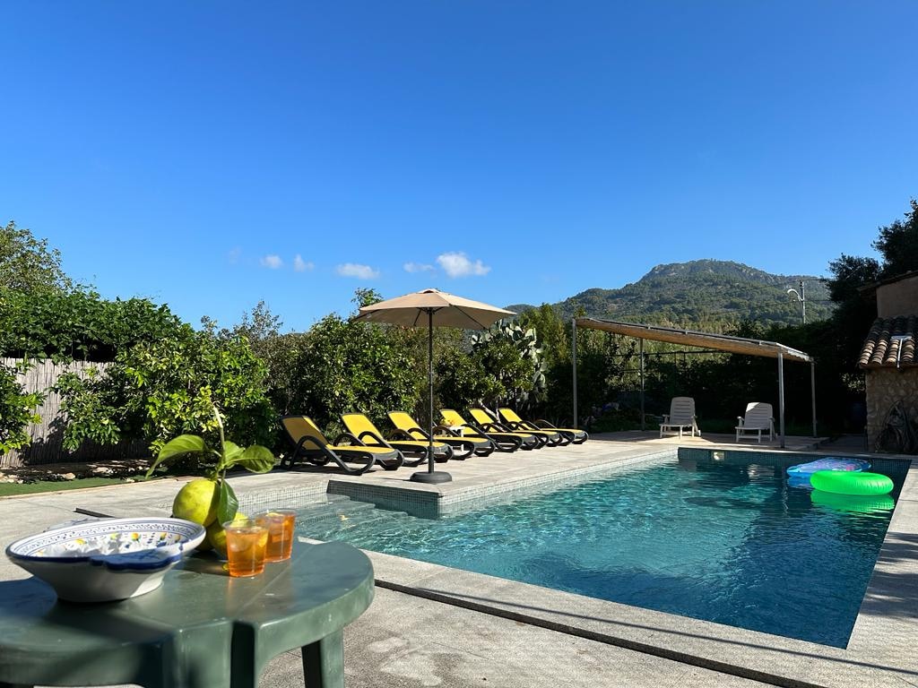 A large swimming pool is surrounded by several sun loungers, offering a serene outdoor space. An umbrella provides shade nearby. A bowl of fruit and glasses sit on a table in the foreground. Lush greenery and a mountain are visible in the background.