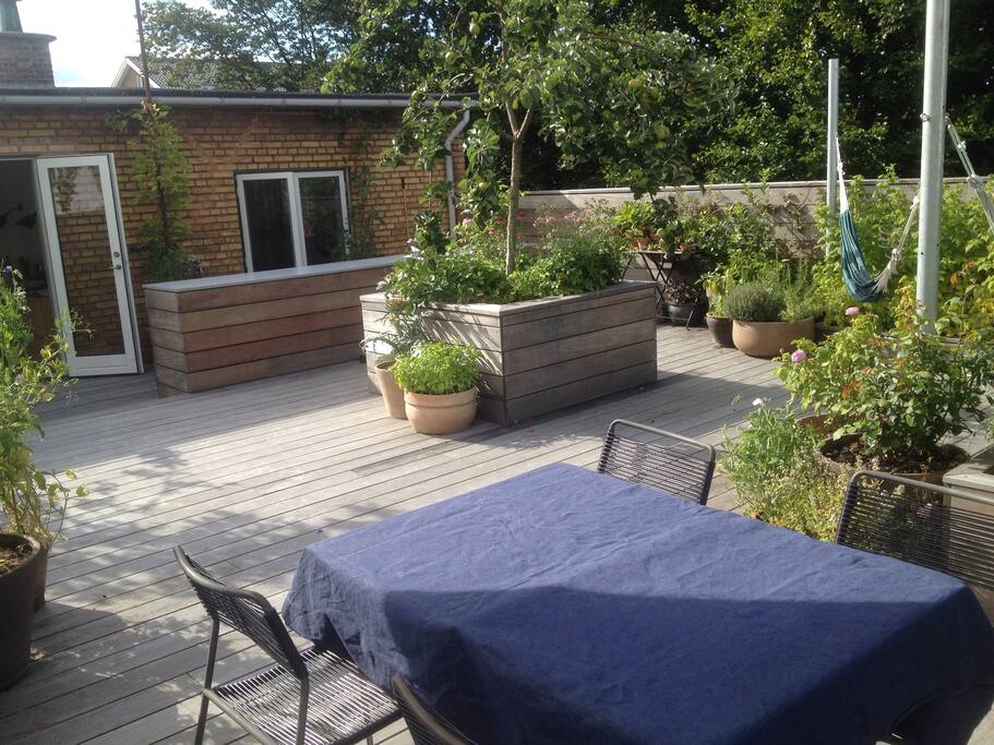 Dining area in the shade of the sun screens. Easy to set up as many screens as you like.