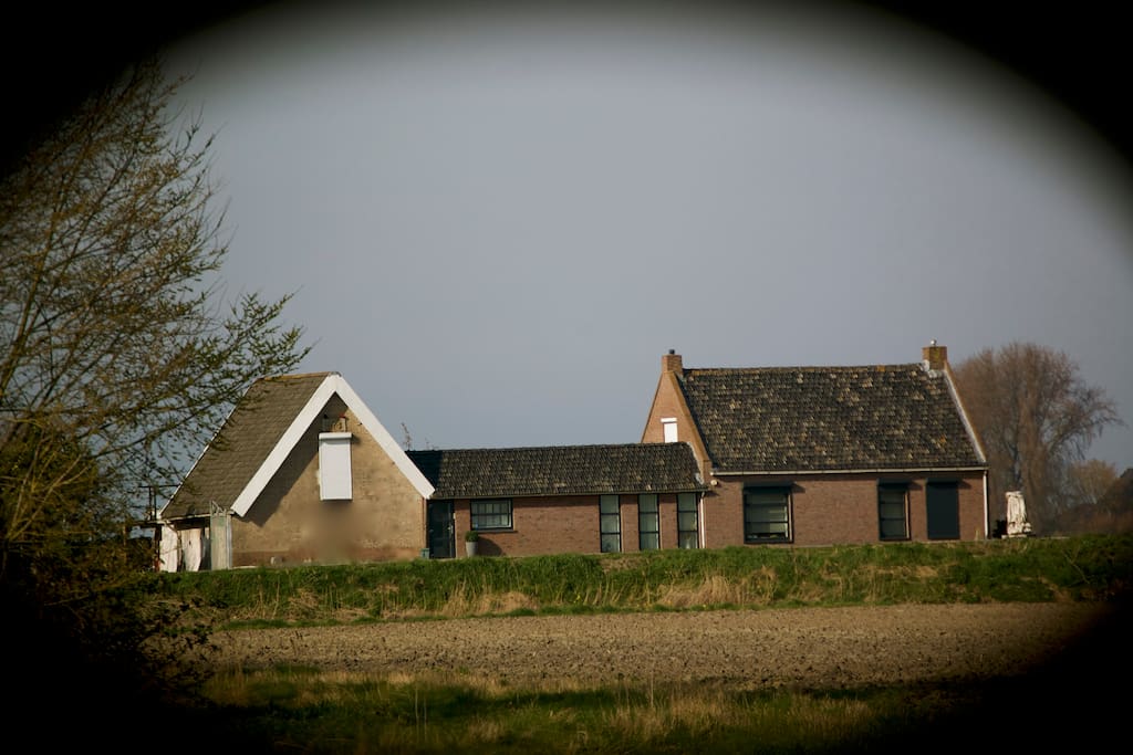 Het zicht op de B&B vanuit de polder. Het linker gebouw is de B&B