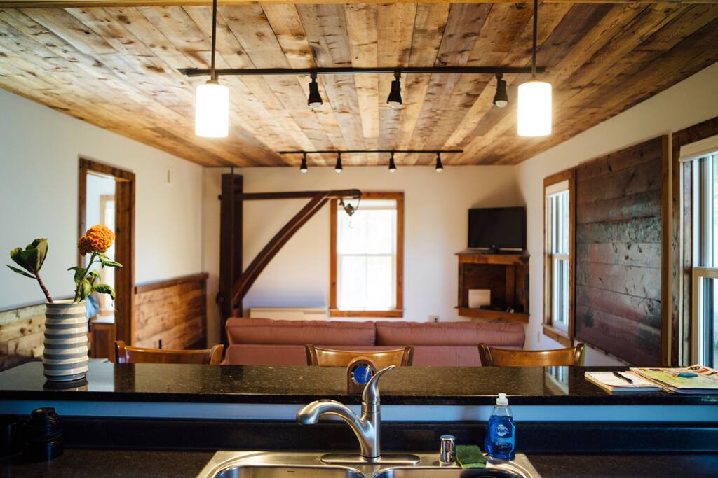 A view of the living room from the kitchen.