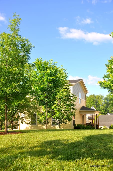 Corner lot with green space offers a quiet, private feel