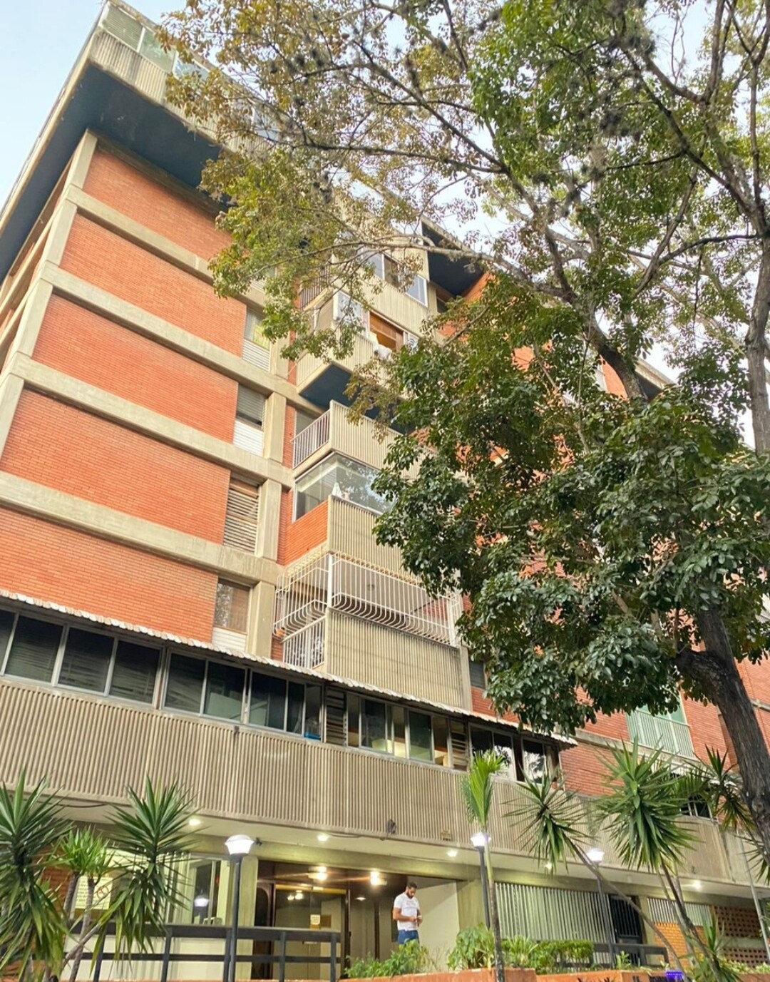The exterior of a contemporary multi-story building is visible, featuring a mix of brick and concrete materials. Lush greenery surrounds the entrance, providing a natural contrast. Balconies are seen on various floors, framed by trees that add to the inviting appearance of the property.