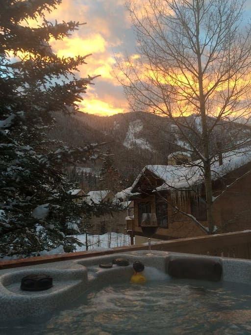 Beautiful new hot tub on deck, steps from the living room.