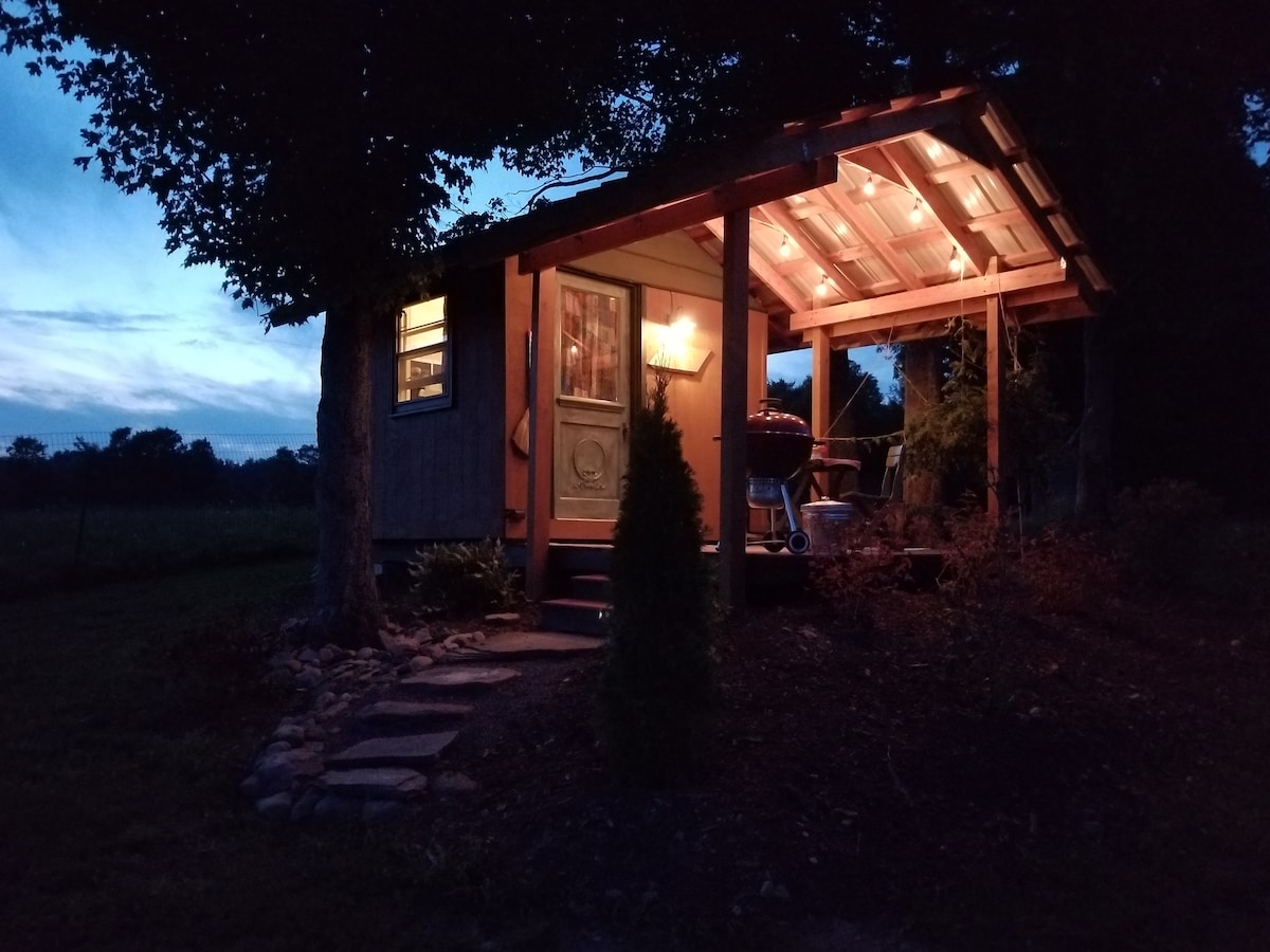 The cabin is presented at dusk, with warm light glowing from under the covered porch. The structure features steps leading up to the entryway, surrounded by landscaped foliage. A charcoal grill is positioned on the deck, inviting outdoor dining experiences.