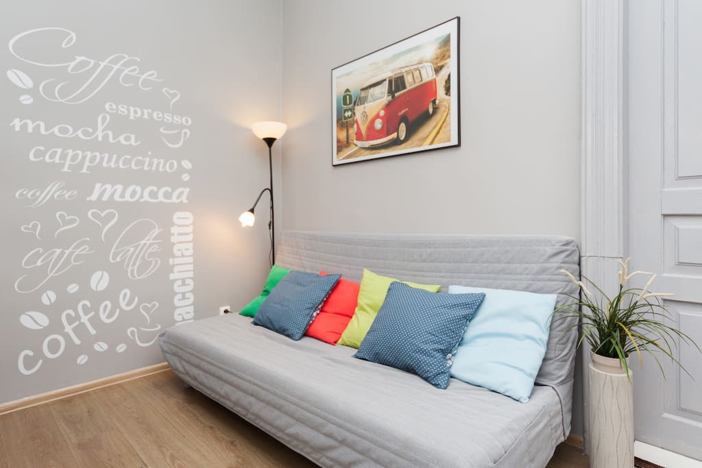 Living room with kitchenette and sofa bed