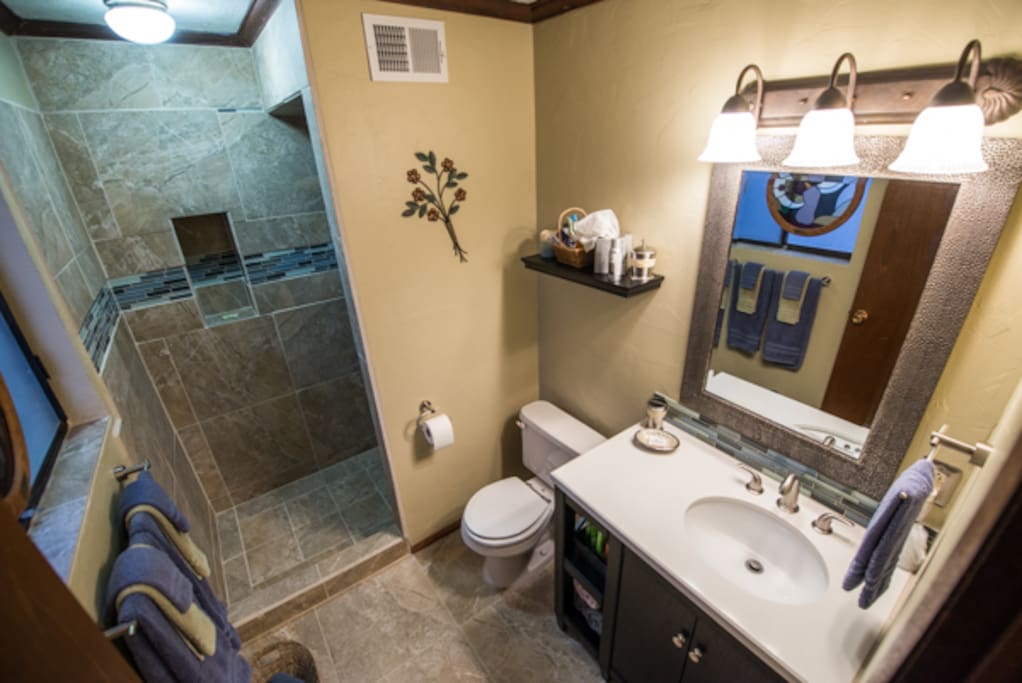 Private bath has a walk in shower with rainfall shower head