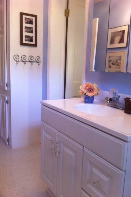 The guest bathroom is adjacent to the guestroom and accessed from the hallway. The door locks for your privacy. The bath includes basic amenities such as shampoo, soap, and towels, as well as a first aid kit and other niceties.