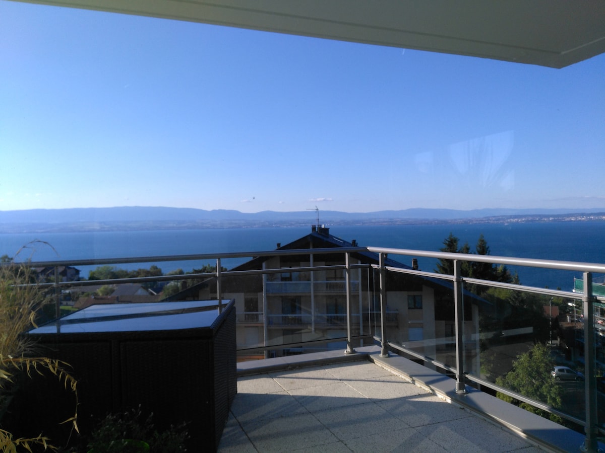 A spacious terrace is featured, overlooking panoramic views of Lake Léman and the surrounding landscape. The railing is glass, providing an unobstructed sightline. The area is illuminated by natural light, enhancing the serene outdoor space, ideal for relaxation.