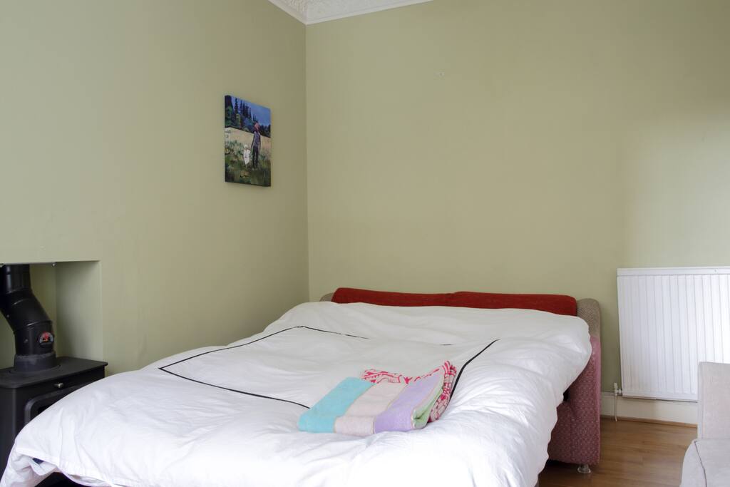 Comfy double sofa bed in a warm bright room