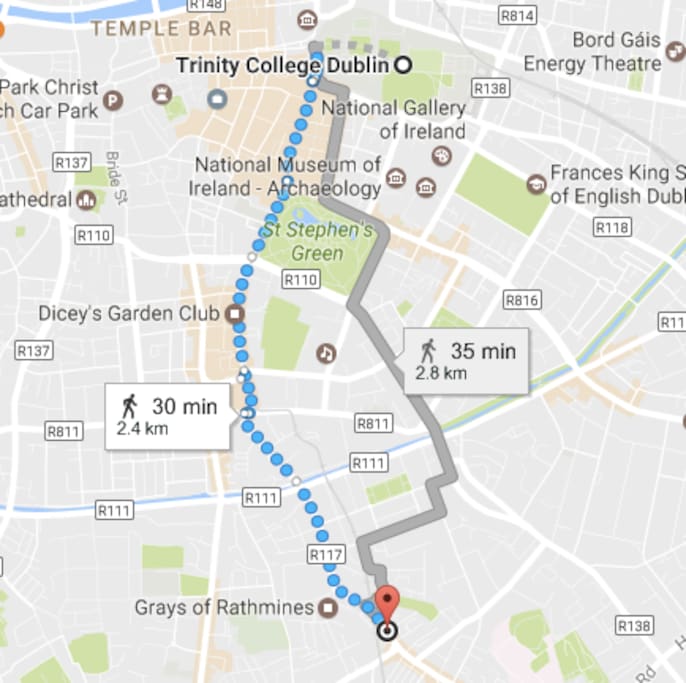 30 minute walk to Trinity College