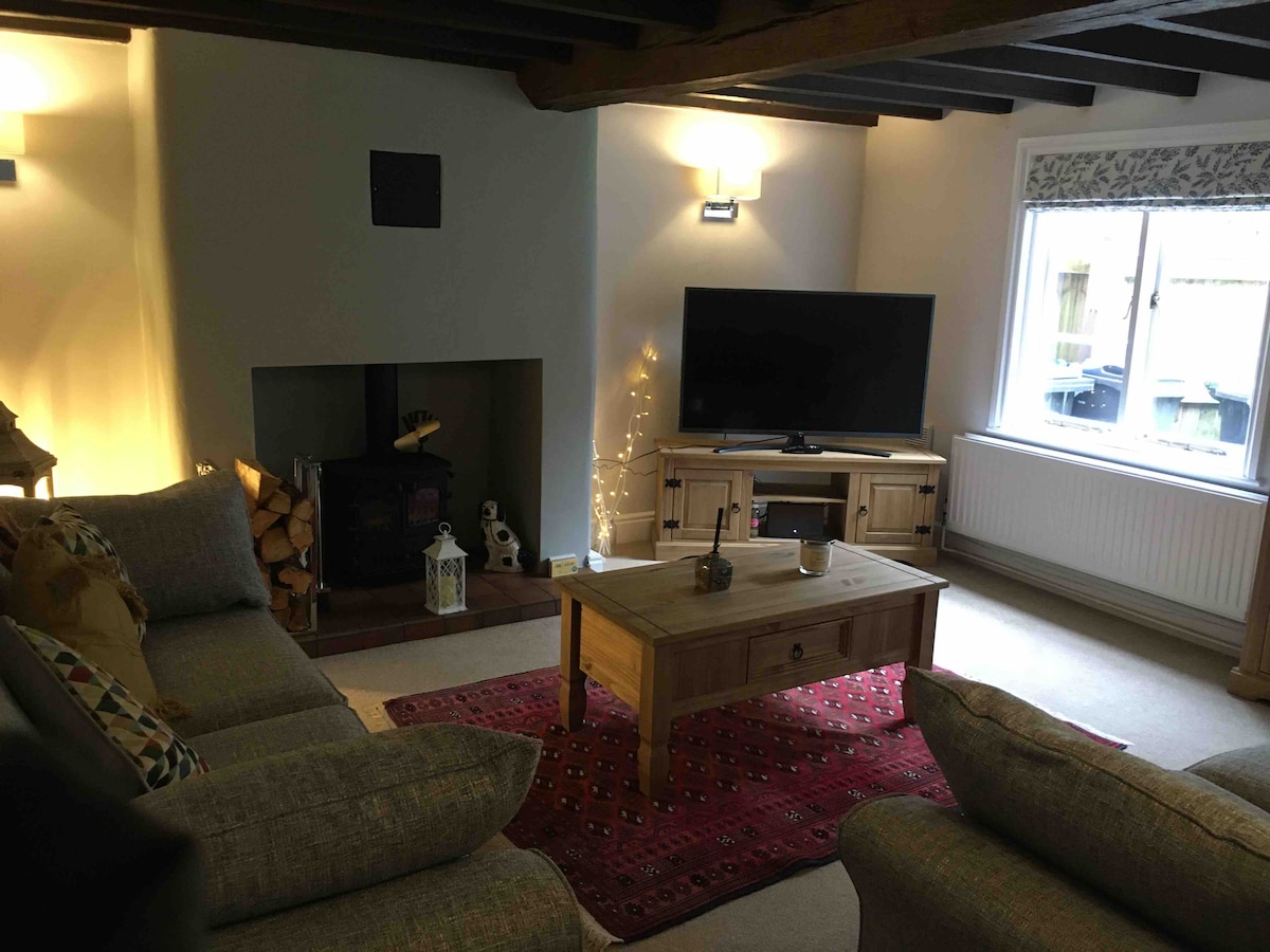 The living room features a cozy log burning stove beside a wooden coffee table. Two large settees face a television, with a decorative rug enhancing the space. Soft lighting complements the natural light from the window, creating a warm ambiance.