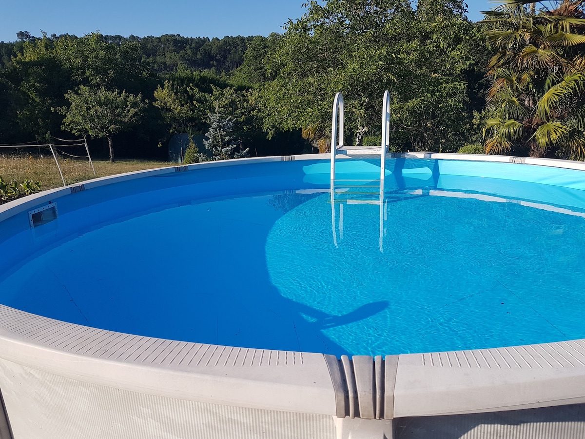 A round above-ground pool is filled with clear blue water, featuring a set of metal steps for entry. Lush greenery surrounds the pool area, with trees and shrubs providing a natural backdrop, enhancing the outdoor space's tranquility.