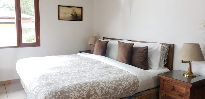 غرفة نوم رئيسية كبيرة بسرير بمقاس كبير وحمام كامل وغرفة ملابس.