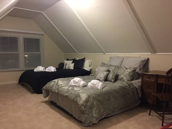 Ampio! Ingresso privato per le scale, comodo 1,5 bagni! 1 letto queen-size in memory foam, 1 materasso gonfiabile queen-size, lenzuola e coperte di lusso, appendiabiti, giochi, scrivania+sedia  *Goditi la cucina completa, il soggiorno, la TV, il caminetto, il grande terrazzo, il barbecue, i sentieri e l'accesso al lago