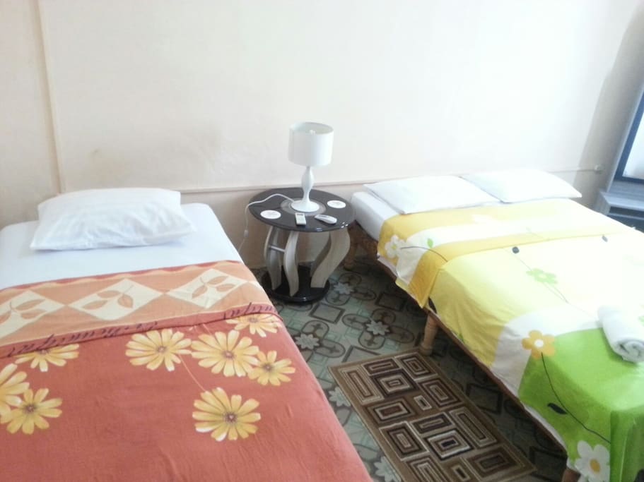 Two, comfortable, double beds, air conditioning and lovely historic doors that open with light and a view.