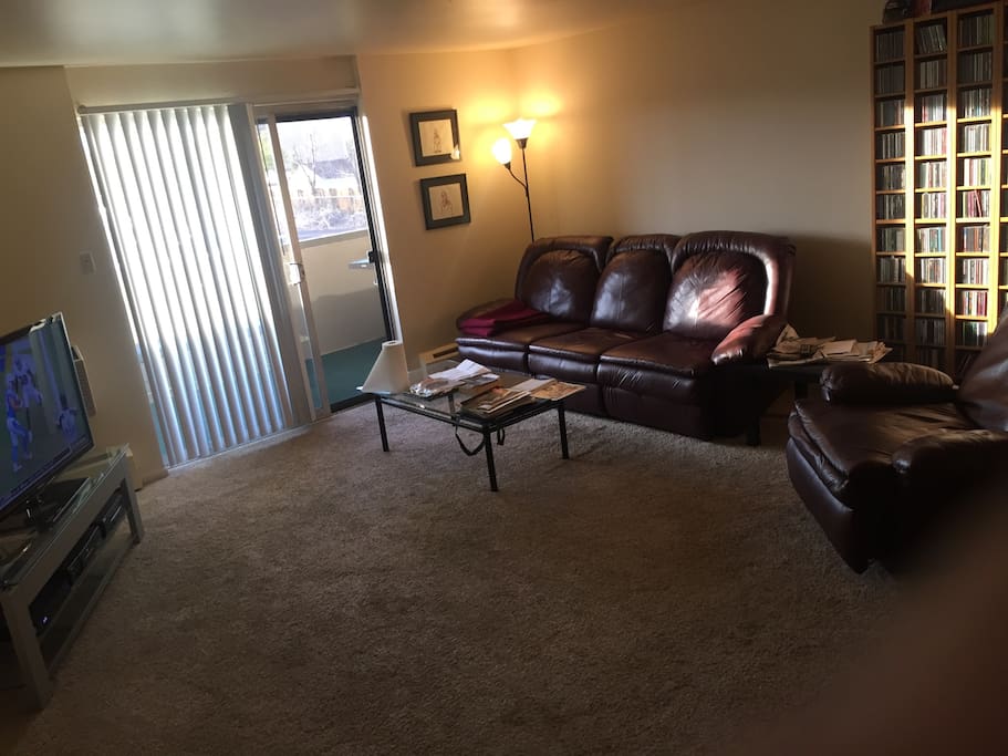 Living room with 46" HDTV, large comfortable couch, and recliner. Kitchen table with 4 chairs. Carpeted 14' x 6' balcony as well with seating and a gas grill.