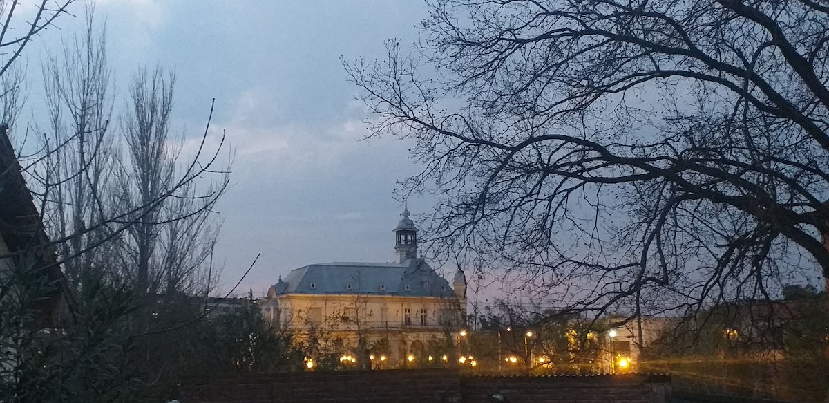 A historic building is viewed against a twilight sky, showcasing its architectural details illuminated by soft street lighting. Surrounding trees with bare branches add a natural element to the scene, creating a serene atmosphere.