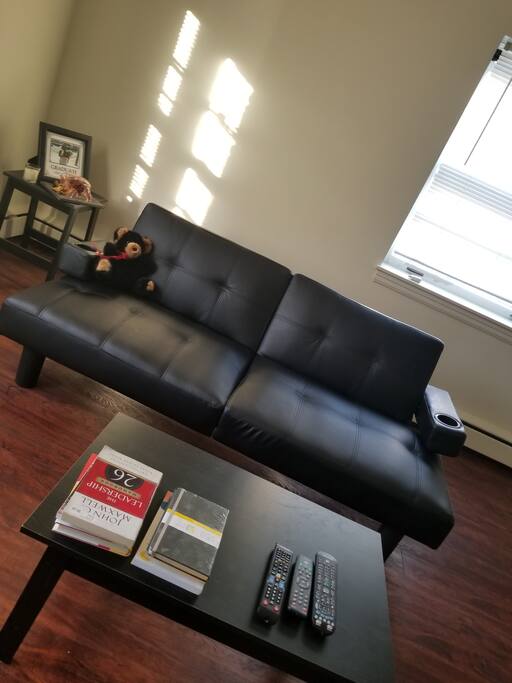 Living room equipped with 50' inch smart t.v., WI-FI, and small book shelf with books for all interest.